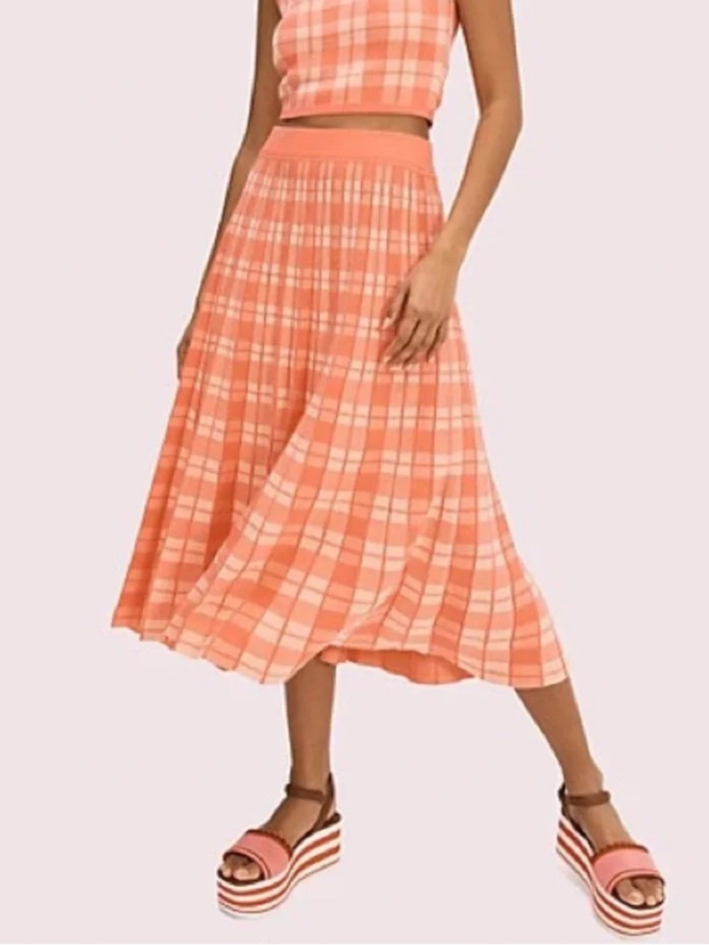Kate Spade New York Coral Plaid Pleated Knit Midi Skirt